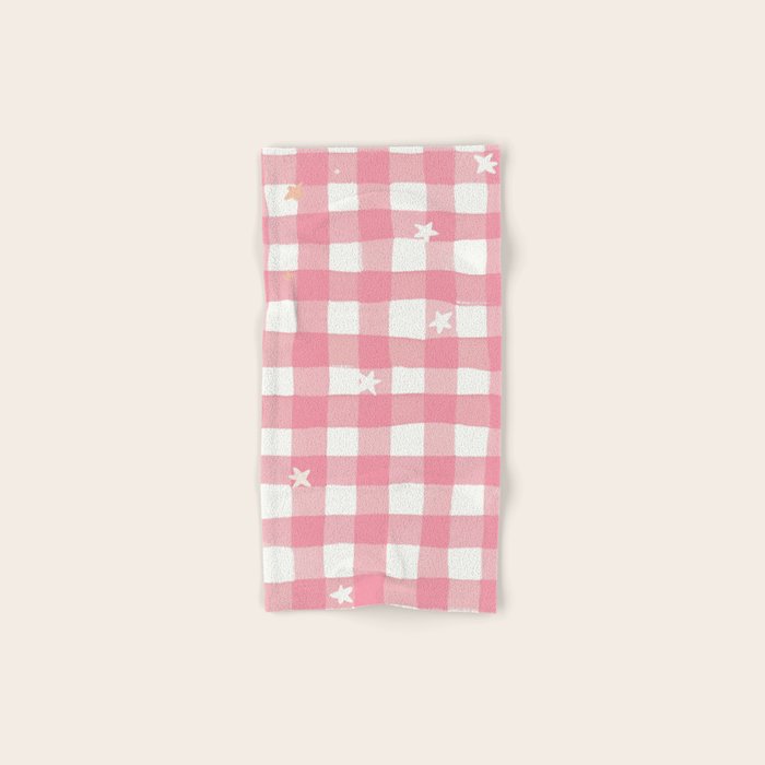 Pastel Pink Gingham with Stars Pattern Soft Aesthetic Grid Bath Towel Gallery Image 1