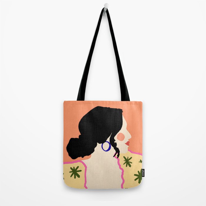 Profile, Bohemian Woman Casual Illustration, Eclectic Feminine Chic Pastel Painting, Girl Boss Lady Dress Up, Floral People Moods Tote Bag Gallery Image 2