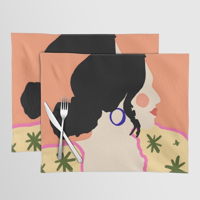 Profile, Bohemian Woman Casual Illustration, Eclectic Feminine Chic Pastel Painting, Girl Boss Lady Dress Up, Floral People Moods Placemat Gallery Image 1