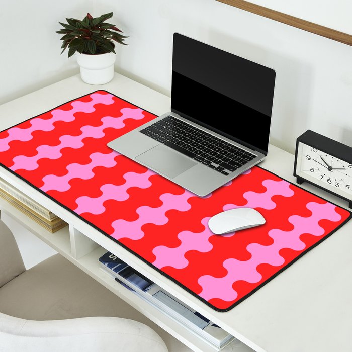 Bold and Colorful Ogee A-Go-Go Vivid Pop Stripes Pattern in Preppy Pink and Red Desk Mat Gallery Image 2
