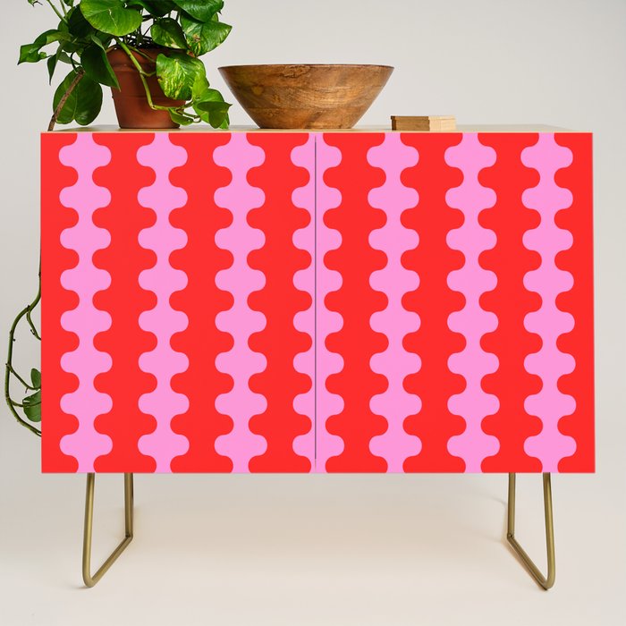 Bold and Colorful Ogee A-Go-Go Vivid Pop Stripes Pattern in Preppy Pink and Red Credenza Gallery Image 1