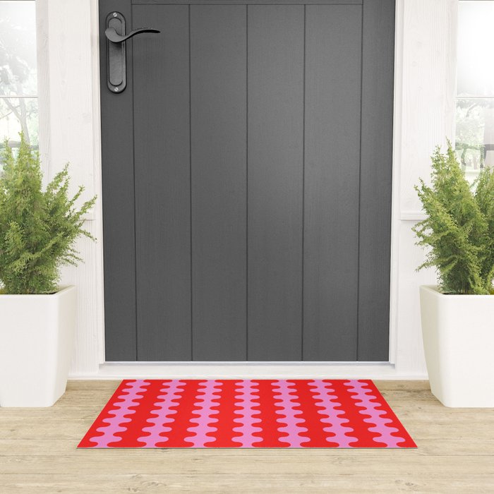 Bold and Colorful Ogee A-Go-Go Vivid Pop Stripes Pattern in Preppy Pink and Red Welcome Mat Gallery Image 3