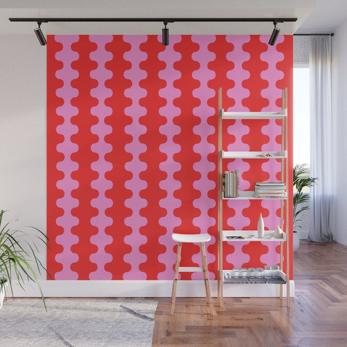 Bold and Colorful Ogee A-Go-Go Vivid Pop Stripes Pattern in Preppy Pink and Red Wall Mural Gallery Image 1