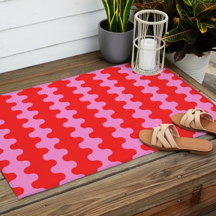 Bold and Colorful Ogee A-Go-Go Vivid Pop Stripes Pattern in Preppy Pink and Red Outdoor Rug Gallery Image 2
