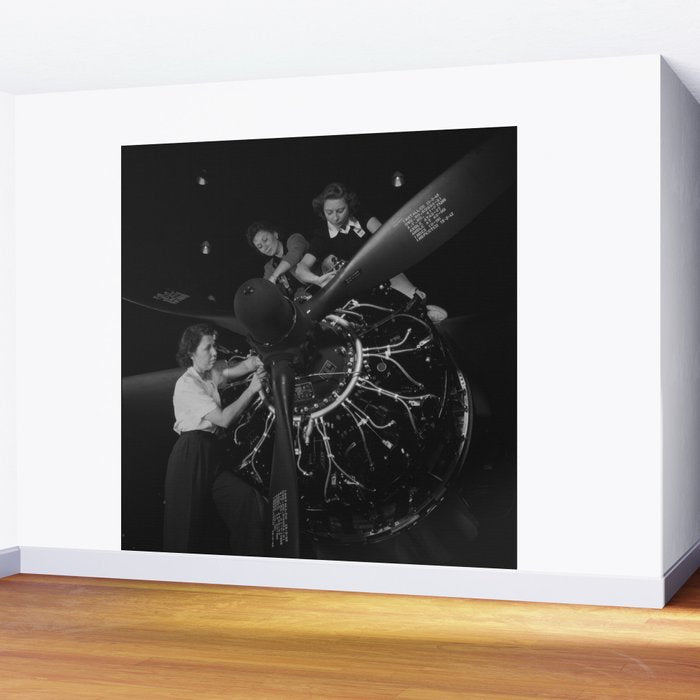 WWII aircraft engine installation by female workers inspirational black and white photograph   Wall Mural Gallery Image 2