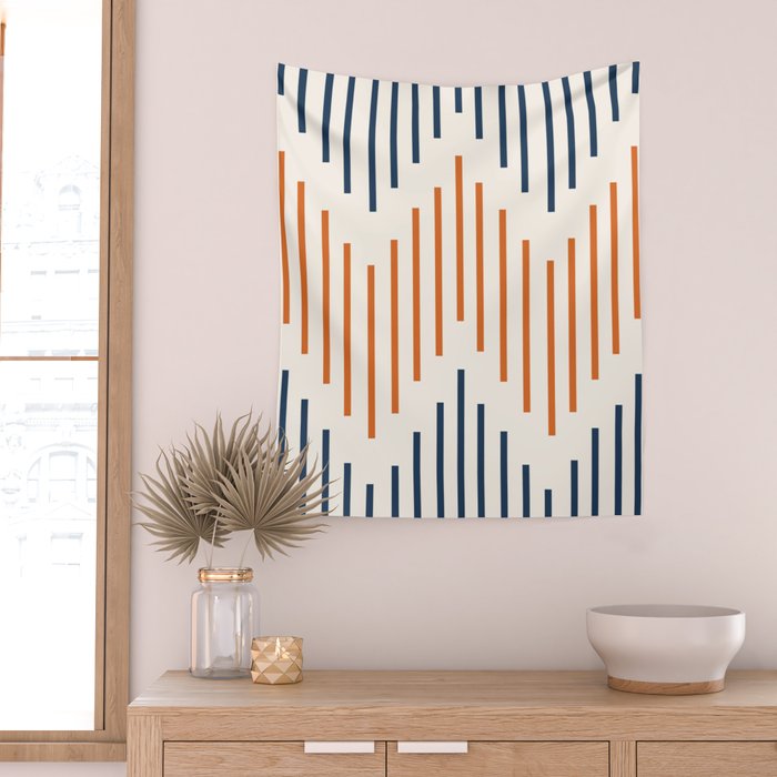 Geometric Arrow Lines 2 in Navy Blue Orange Wall Tapestry Gallery Image 2