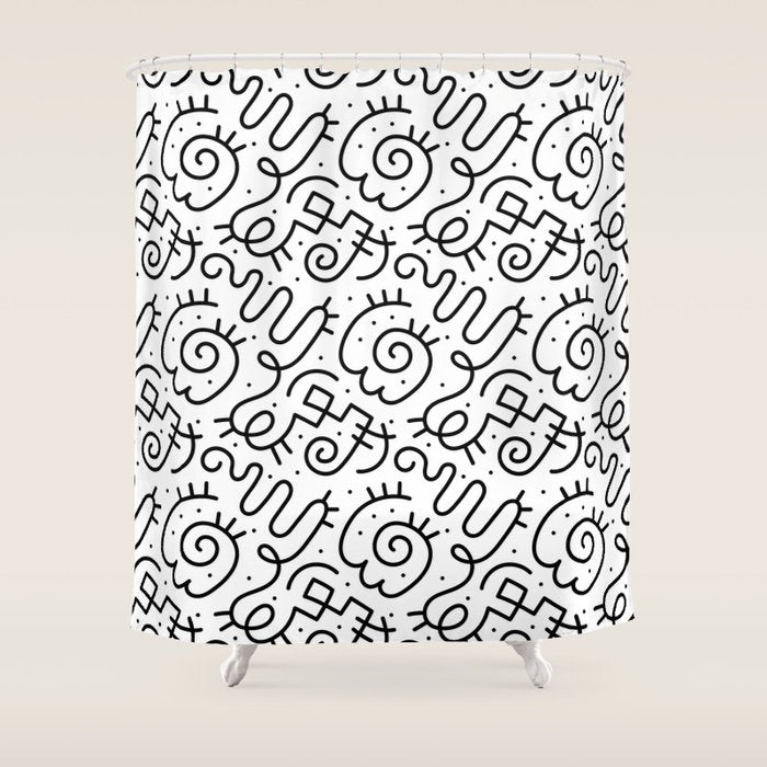 Fun black and white line doodle art pattern Shower Curtain Gallery Image 1