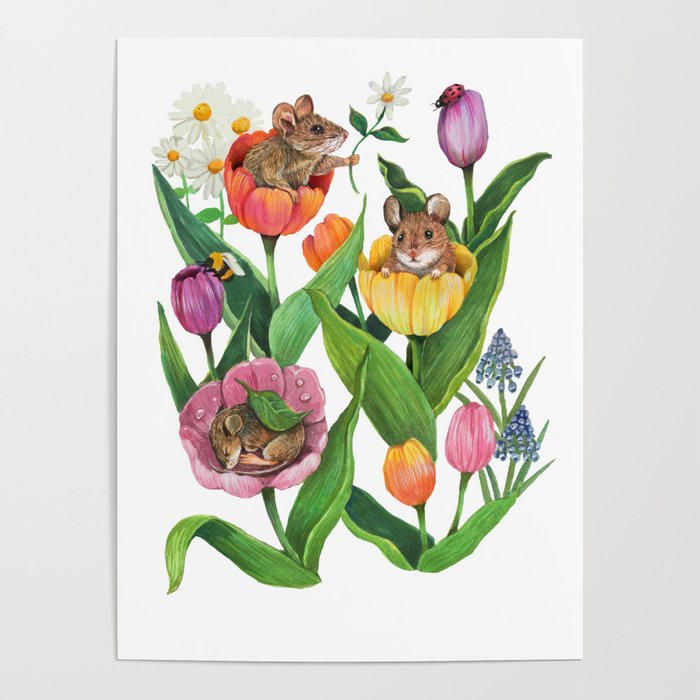 Spring Tulips with Cute Mouse - blue Poster Gallery Image 4