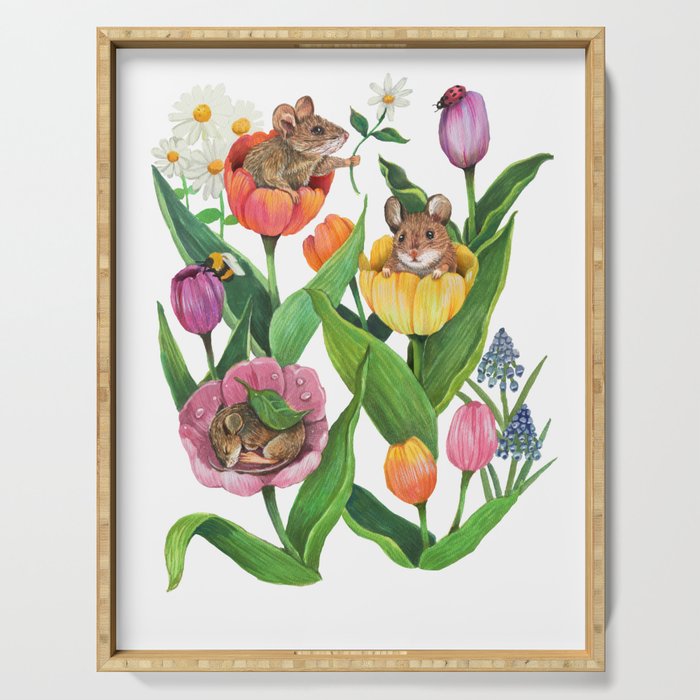Spring Tulips with Cute Mouse - blue Serving Tray Gallery Image 1