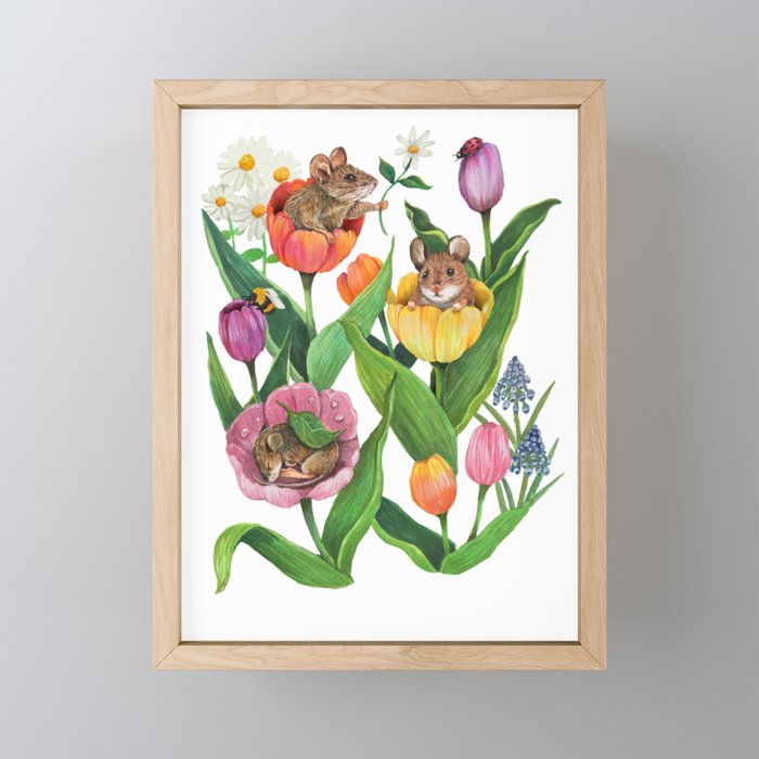 Spring Tulips with Cute Mouse - blue Mini Art Print Gallery Image 1