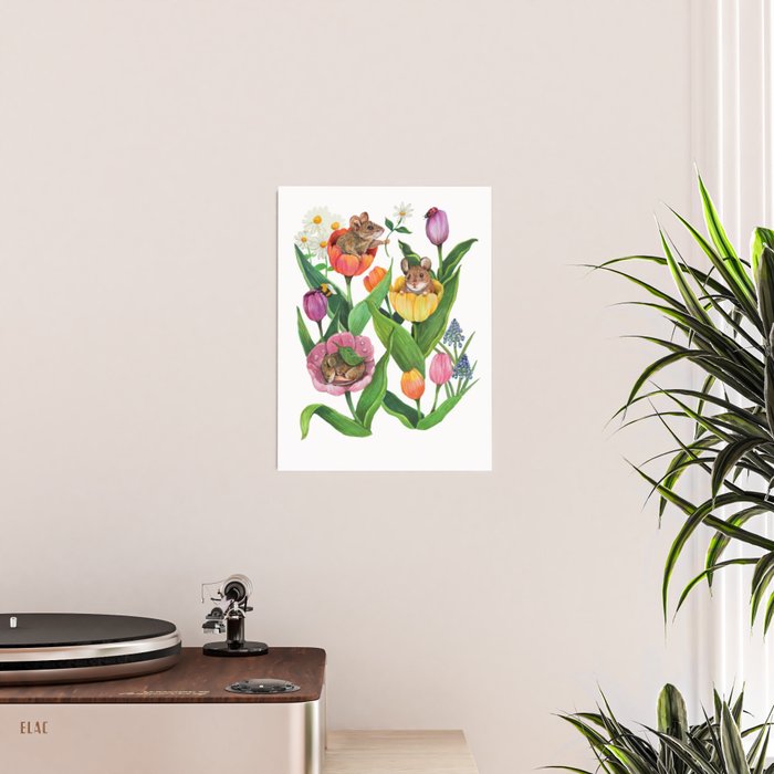 Spring Tulips with Cute Mouse - blue Poster Gallery Image 2