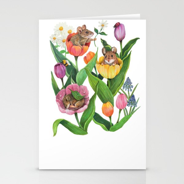 Spring Tulips with Cute Mouse - blue Stationery Card Gallery Image 1