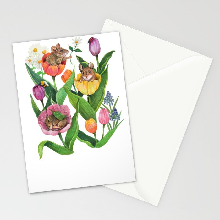 Spring Tulips with Cute Mouse - blue Stationery Card Gallery Image 2