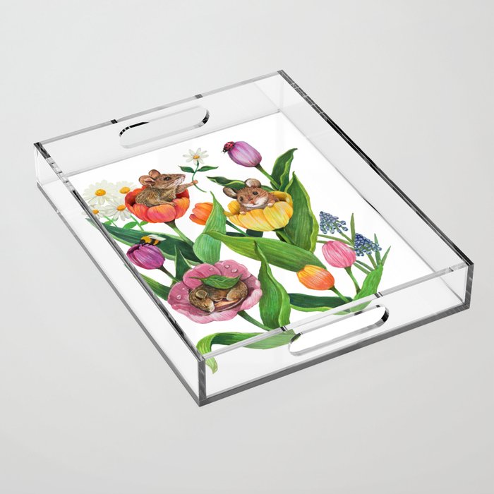 Spring Tulips with Cute Mouse - blue Acrylic Tray Gallery Image 1