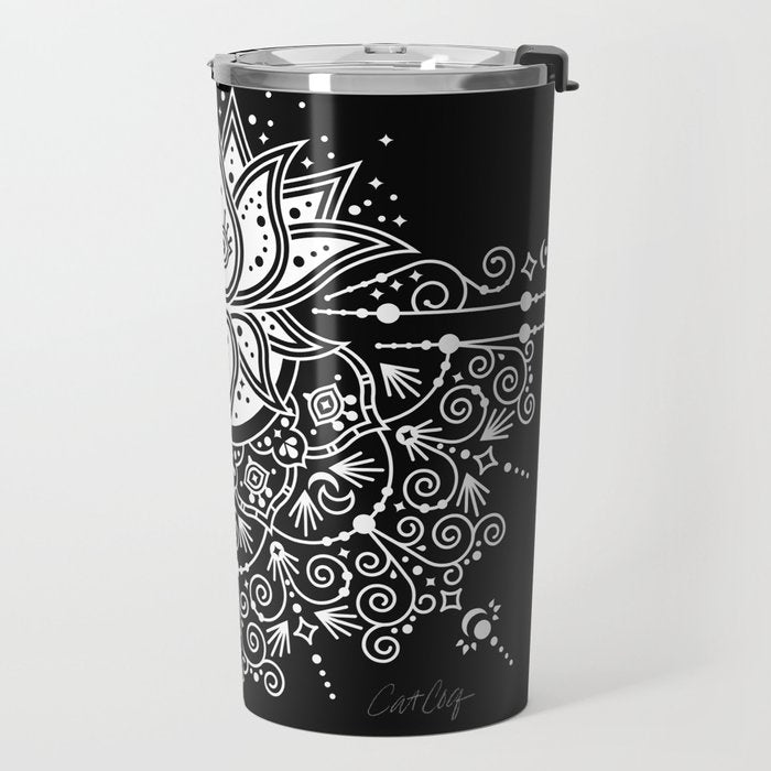 Sacred Lotus Blossom Mandala - White on Black Travel Mug Gallery Image 2