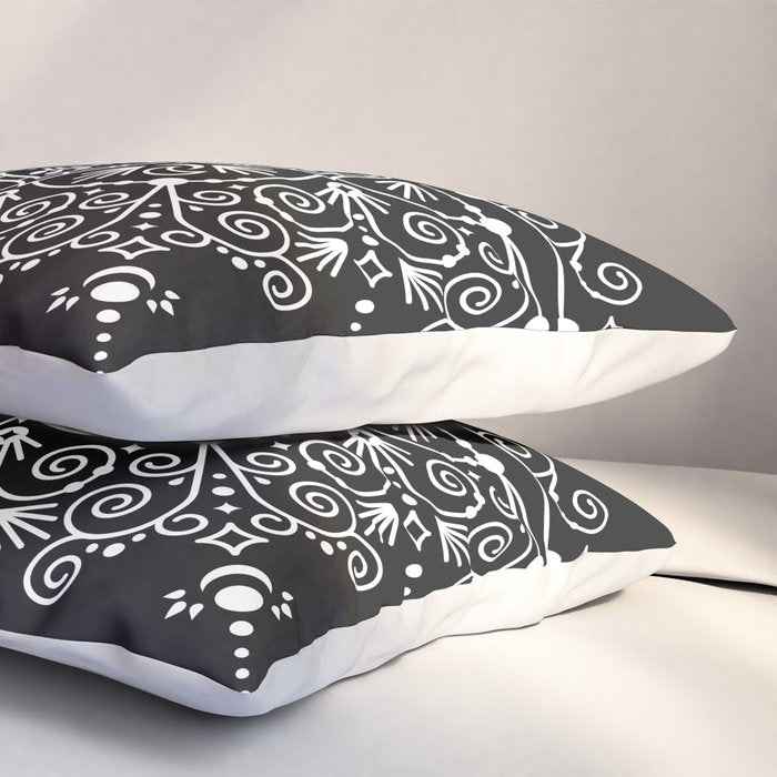 Sacred Lotus Blossom Mandala - White on Black Pillow Sham Gallery Image 3