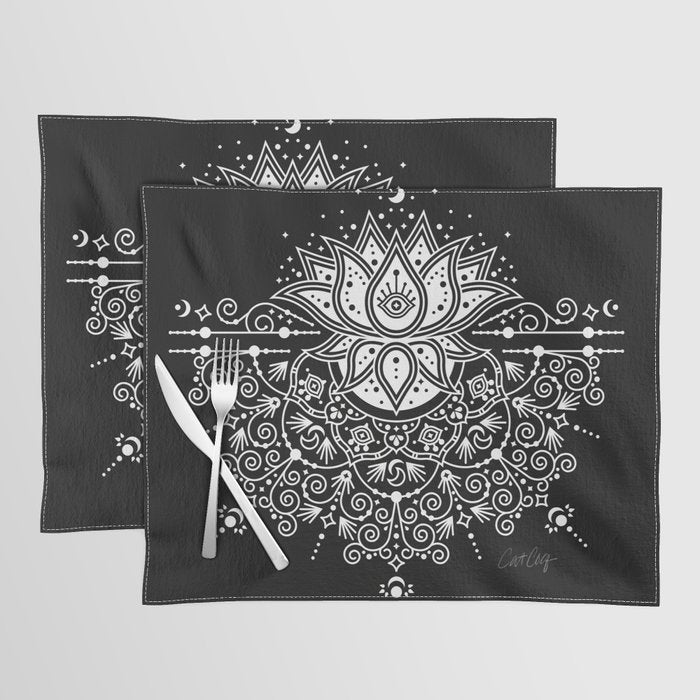 Sacred Lotus Blossom Mandala - White on Black Placemat Gallery Image 1