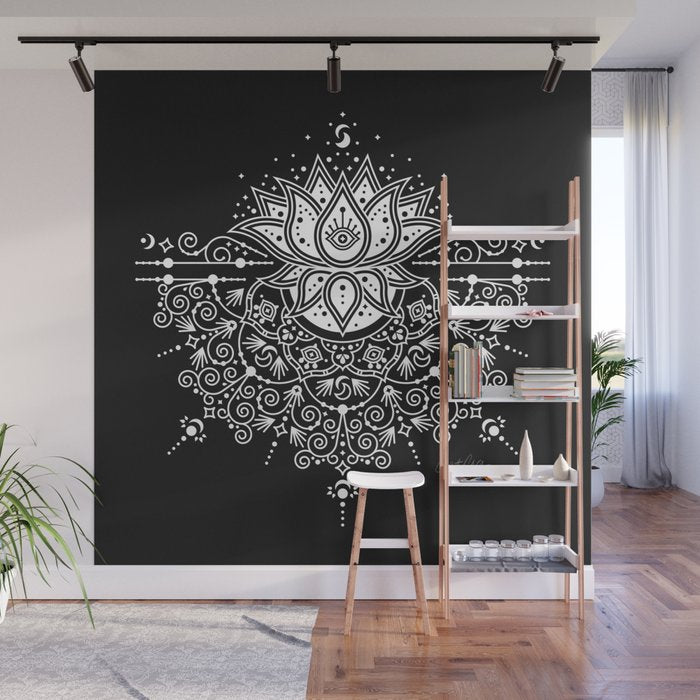 Sacred Lotus Blossom Mandala - White on Black Wall Mural Gallery Image 1