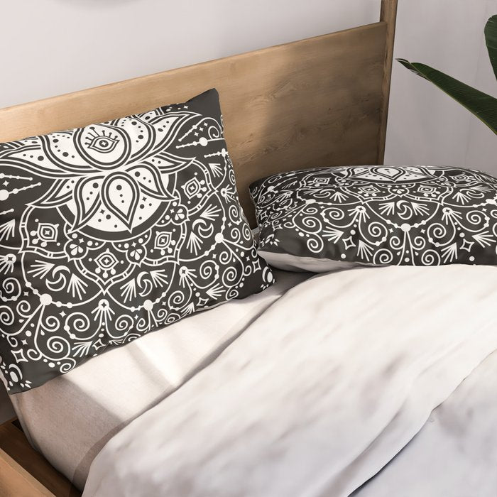 Sacred Lotus Blossom Mandala - White on Black Pillow Sham Gallery Image 2