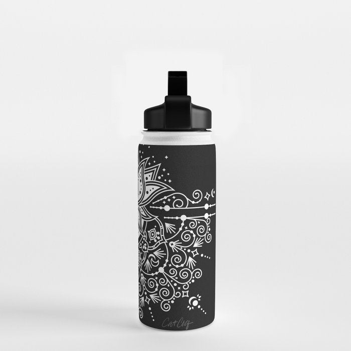 Sacred Lotus Blossom Mandala - White on Black Water Bottle Gallery Image 2