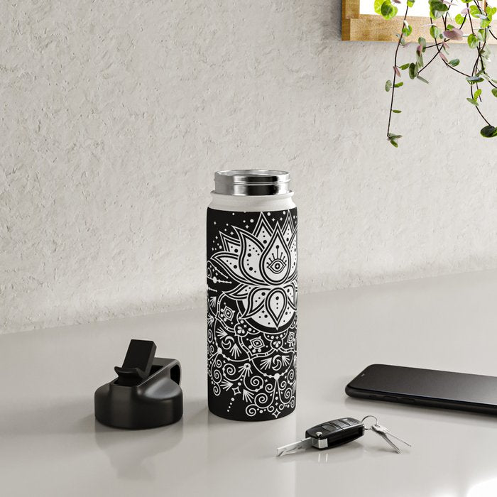 Sacred Lotus Blossom Mandala - White on Black Water Bottle Gallery Image 4