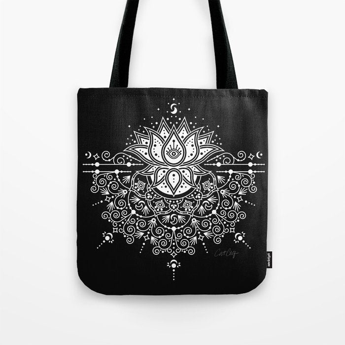 Sacred Lotus Blossom Mandala - White on Black Tote Bag Gallery Image 1
