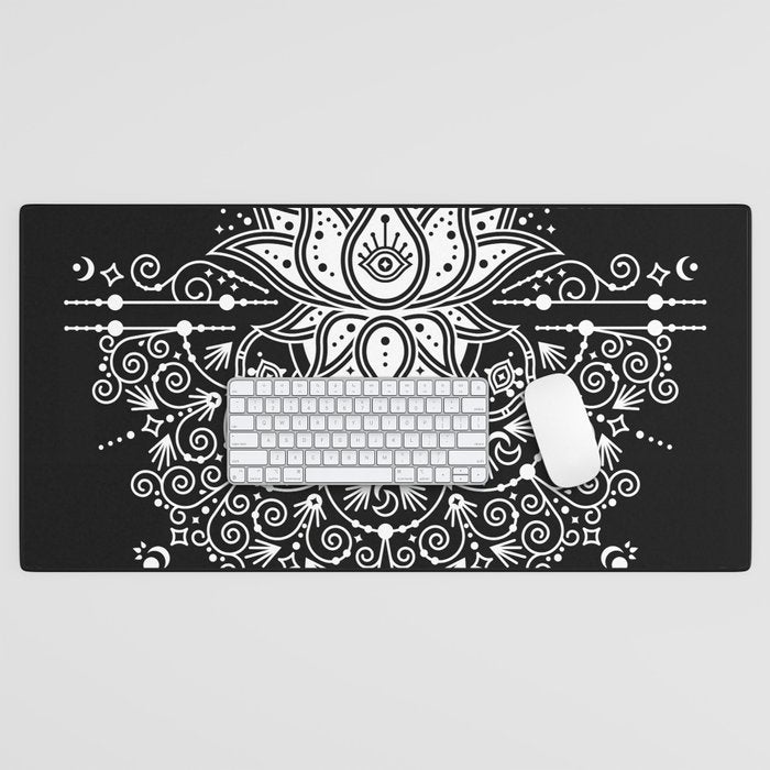 Sacred Lotus Blossom Mandala - White on Black Desk Mat Gallery Image 1