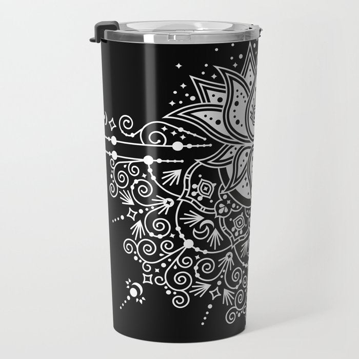 Sacred Lotus Blossom Mandala - White on Black Travel Mug Gallery Image 3