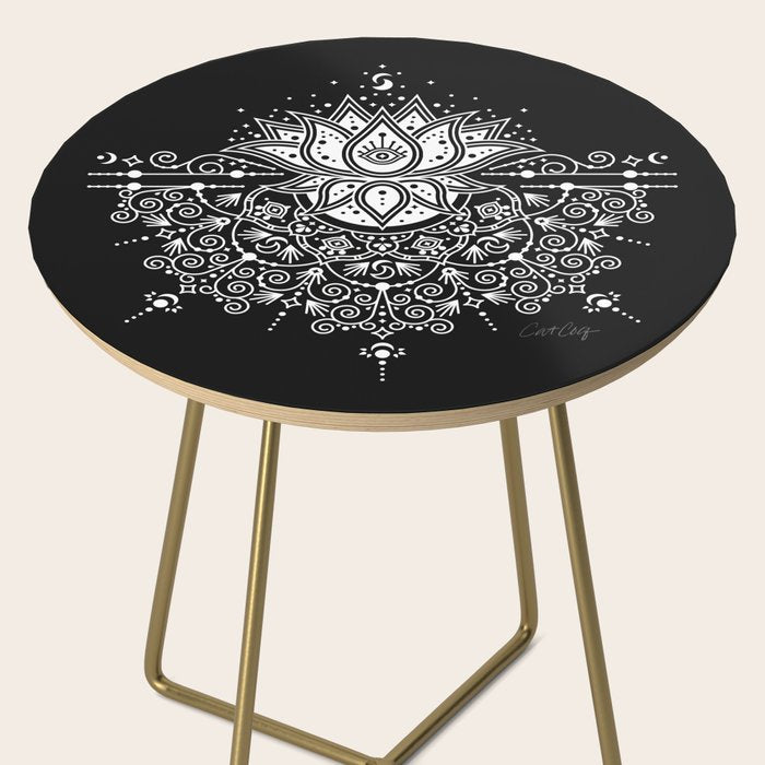 Sacred Lotus Blossom Mandala - White on Black Side Table Gallery Image 2