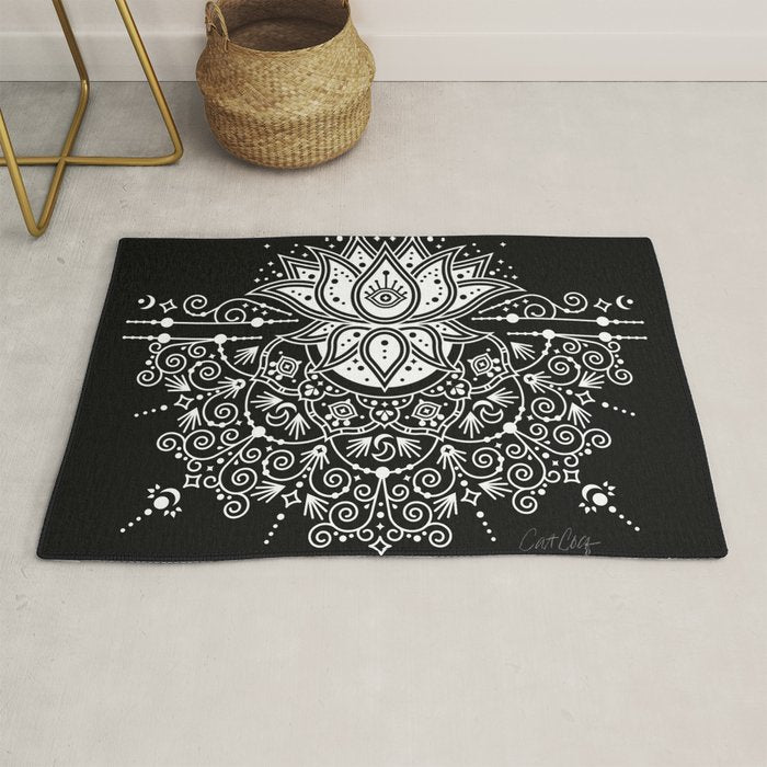 Sacred Lotus Blossom Mandala - White on Black Rug Gallery Image 1