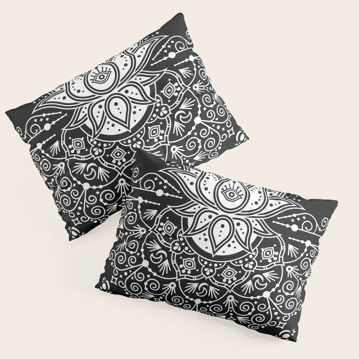 Sacred Lotus Blossom Mandala - White on Black Pillow Sham Gallery Image 1