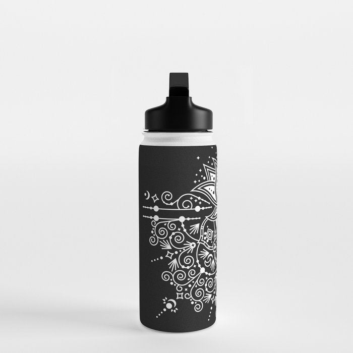 Sacred Lotus Blossom Mandala - White on Black Water Bottle Gallery Image 3