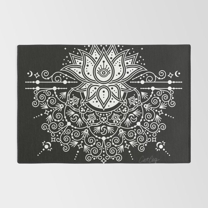 Sacred Lotus Blossom Mandala - White on Black Rug Gallery Image 2
