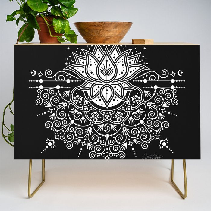 Sacred Lotus Blossom Mandala - White on Black Credenza Gallery Image 1