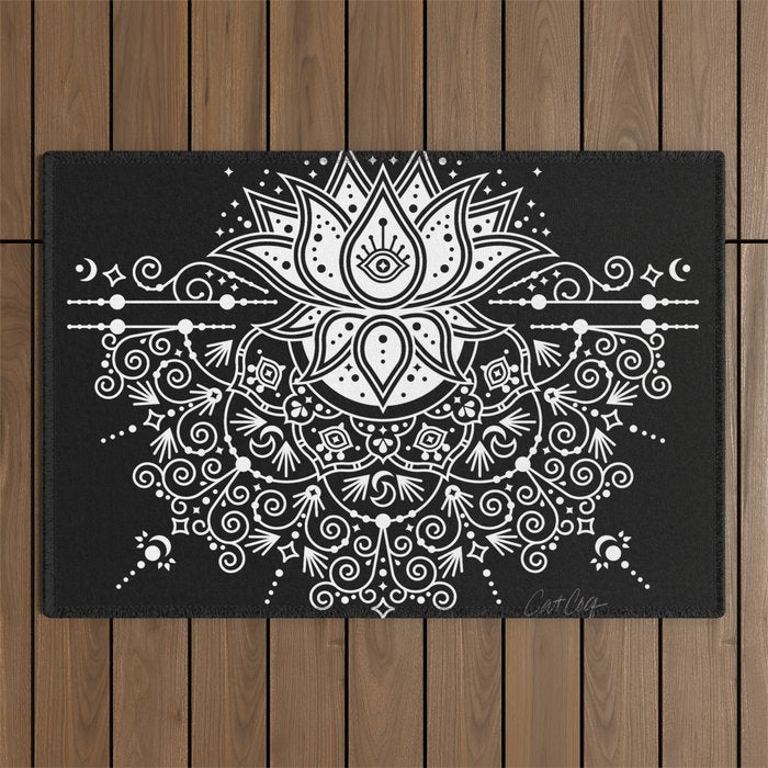 Sacred Lotus Blossom Mandala - White on Black Outdoor Rug Gallery Image 1