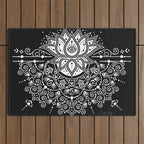 Sacred Lotus Blossom Mandala - White on Black Outdoor Rug Gallery Image 1