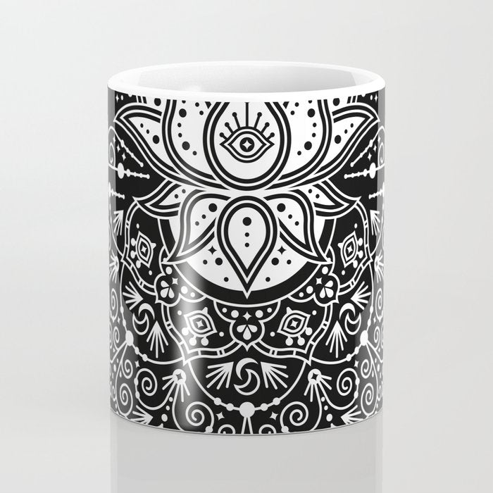 Sacred Lotus Blossom Mandala - White on Black Coffee Mug Gallery Image 4