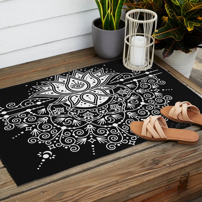 Sacred Lotus Blossom Mandala - White on Black Outdoor Rug Gallery Image 2