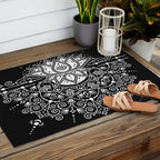 Sacred Lotus Blossom Mandala - White on Black Outdoor Rug Gallery Image 2