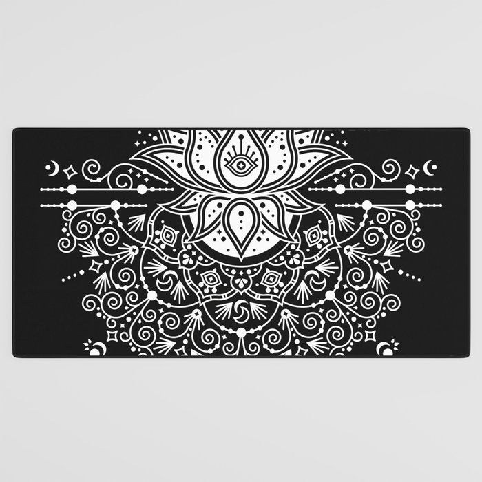Sacred Lotus Blossom Mandala - White on Black Desk Mat Gallery Image 3
