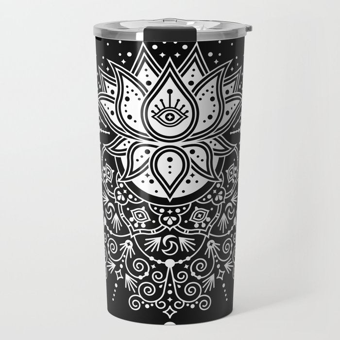 Sacred Lotus Blossom Mandala - White on Black Travel Mug Gallery Image 1