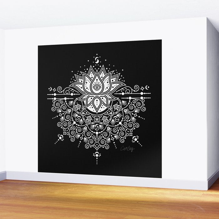 Sacred Lotus Blossom Mandala - White on Black Wall Mural Gallery Image 2