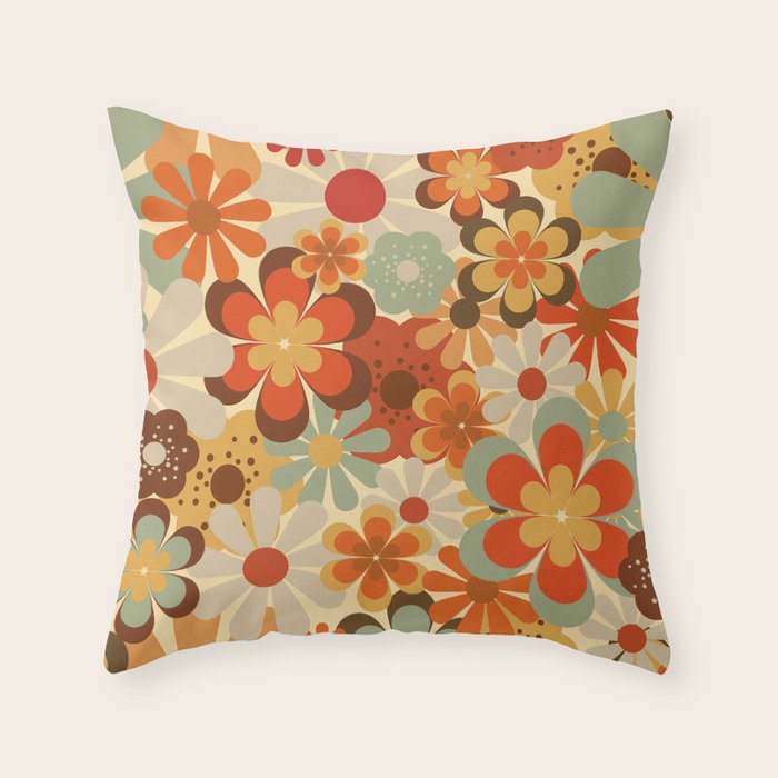Patterned Retro 70's Floral Prints Throw Pillow Gallery Image 6