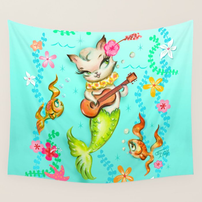 Mermaid Cat with Ukulele Wall Tapestry Gallery Image 4