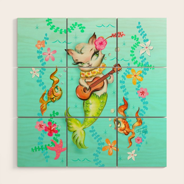 Mermaid Cat with Ukulele Wood Wall Art Gallery Image 1