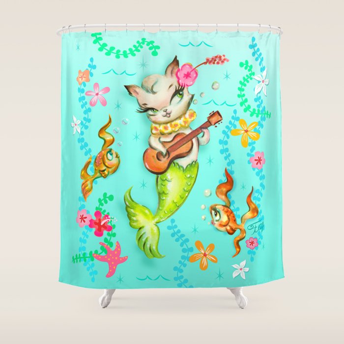 Mermaid Cat with Ukulele Shower Curtain Gallery Image 1