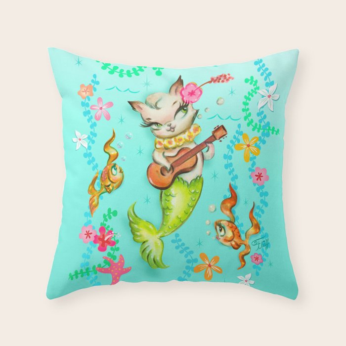 Mermaid Cat with Ukulele Throw Pillow Gallery Image 6