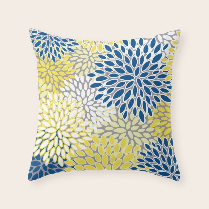 Modern Flowers Art, Blue, Yellow and Gray, Art Prints Throw Pillow Gallery Image 1