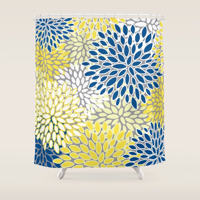 Modern Flowers Art, Blue, Yellow and Gray, Art Prints Shower Curtain Gallery Image 1
