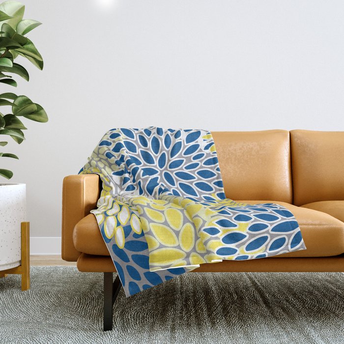 Modern Flowers Art, Blue, Yellow and Gray, Art Prints Throw Blanket Gallery Image 1